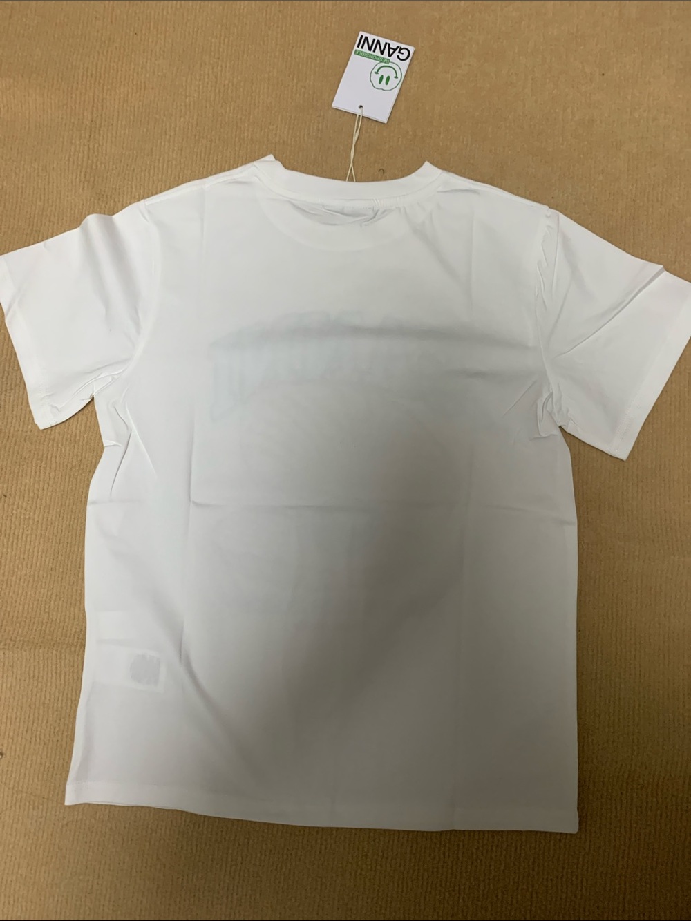 Ganni White Short Sleeve Tee with Navy Logo and Tan Pearl Shell - Picture 6 of 6